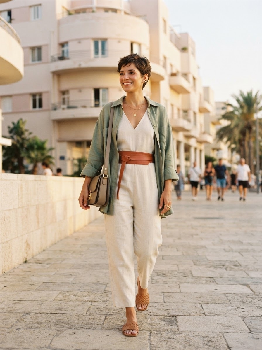 SKIPIKS AI 패션 화보 — minimalist, casual, chic — 이 룩은 따뜻한 카키 색상의 오픈 셔츠와 부드러운 아이보리 톤의 점프슈트가 만나 자연스러우면서도 청량한 여름 분위기를 연출해요. 스타일링 팁으로
