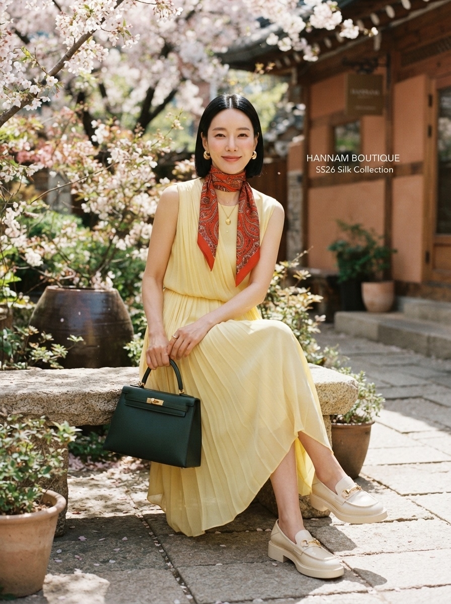 SKIPIKS AI 패션 화보 — feminine, elegant — 부드러운 노란색 플리츠 원피스가 봄의 기운을 가득 담고 있는 룩입니다. 빨간색 스카프와 초록색 핸드백으로 포인트를 주어 세련된 컬러 매치를 완성