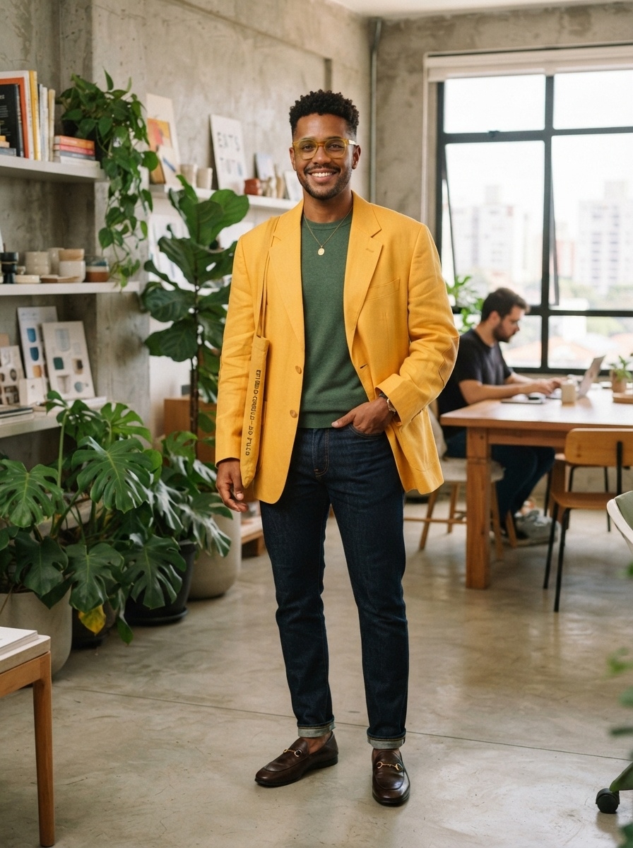 SKIPIKS AI 패션 화보 — chic, business_casual — 노란색 블레이저와 녹색 스웨터가 조화를 이루며 활기차고 세련된 분위기를 완성합니다. 진청색 청바지와 갈색 로퍼로 깔끔한 마무리를 해보세요. 가벼