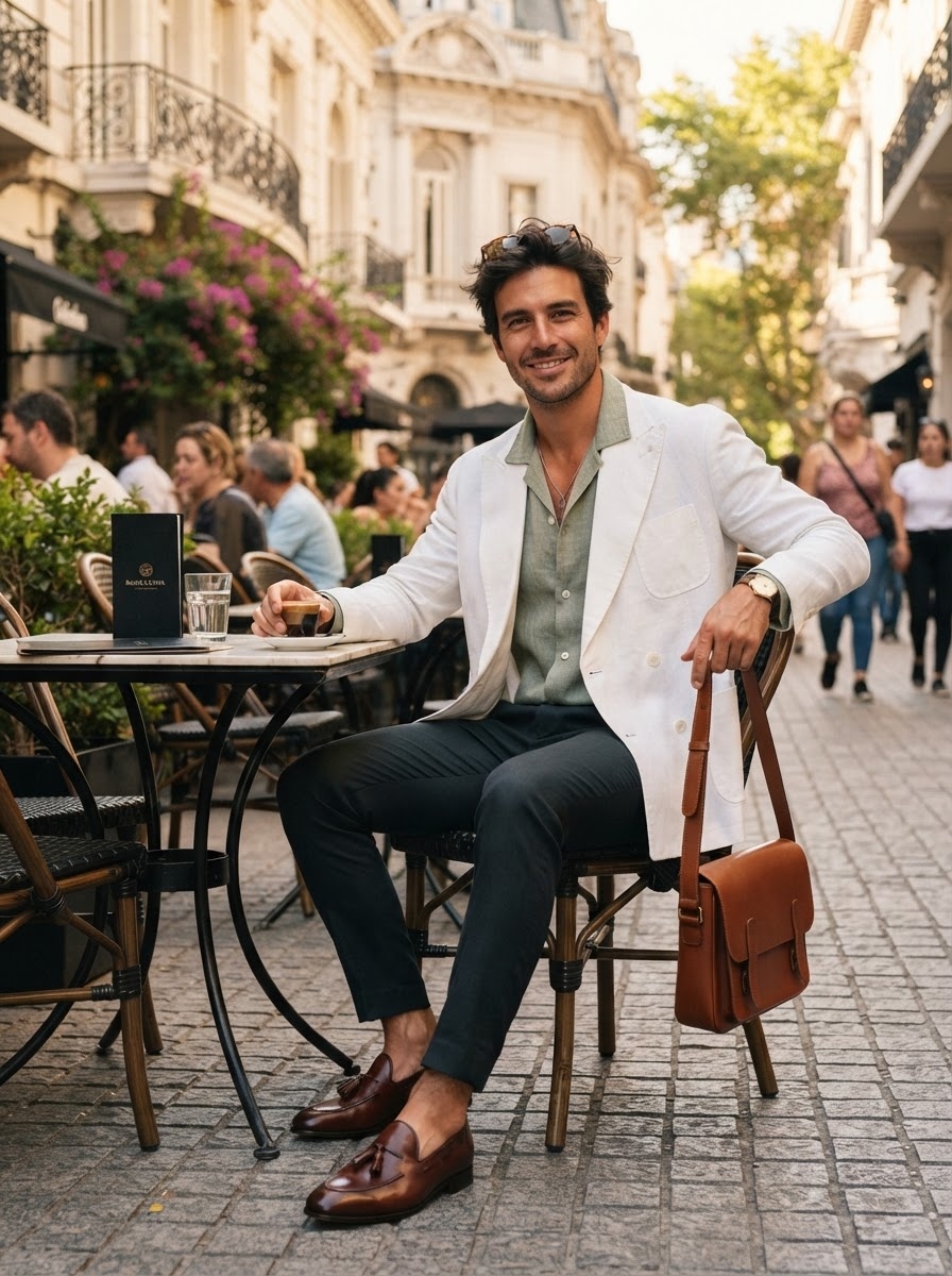 SKIPIKS AI 패션 화보 — classic, business_casual — 화이트 블레이저는 깔끔하고 세련된 무드를 연출해주는 데일리 아이템으로, 여름철에도 시원한 느낌을 줍니다. 연두색 셔츠와 네이비 팬츠를 매치해 화