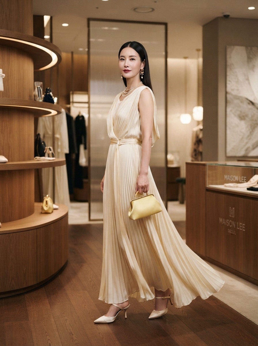 SKIPIKS AI 패션 화보 — elegant, chic — 고급스러운 크림색 플리츠 드레스가 우아한 무드를 연출해보세요. 골드색 클러치 백과 매치해 더욱 세련된 포인트가 완성됩니다. 여름철 오피스나 특별