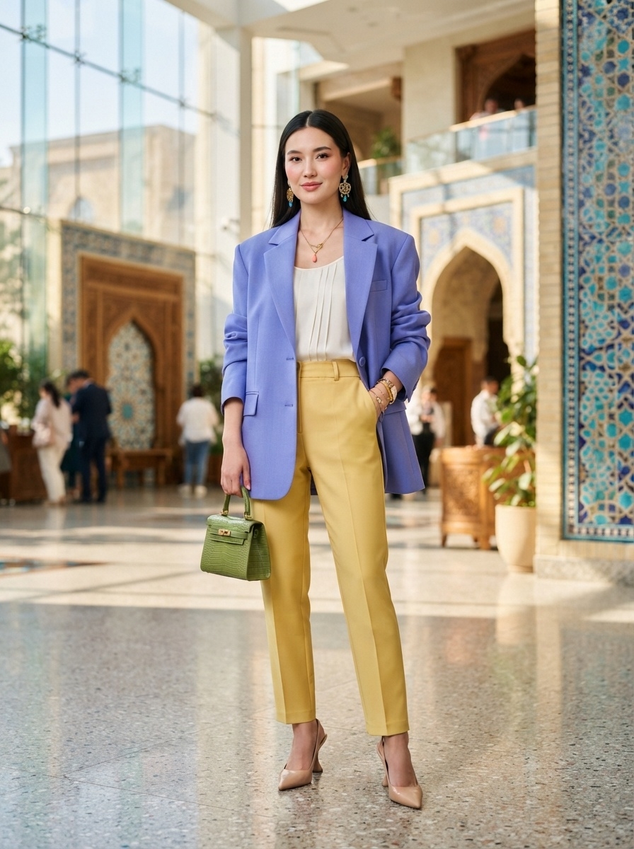 SKIPIKS AI 패션 화보 — chic, colorful — 화사한 라벤더 블레이저와 옐로우 팬츠의 조화가 돋보이는 스타일이에요. 화이트 블라우스와 매치하여 깔끔한 느낌을 더해보세요. 데이트나 오피스에도 