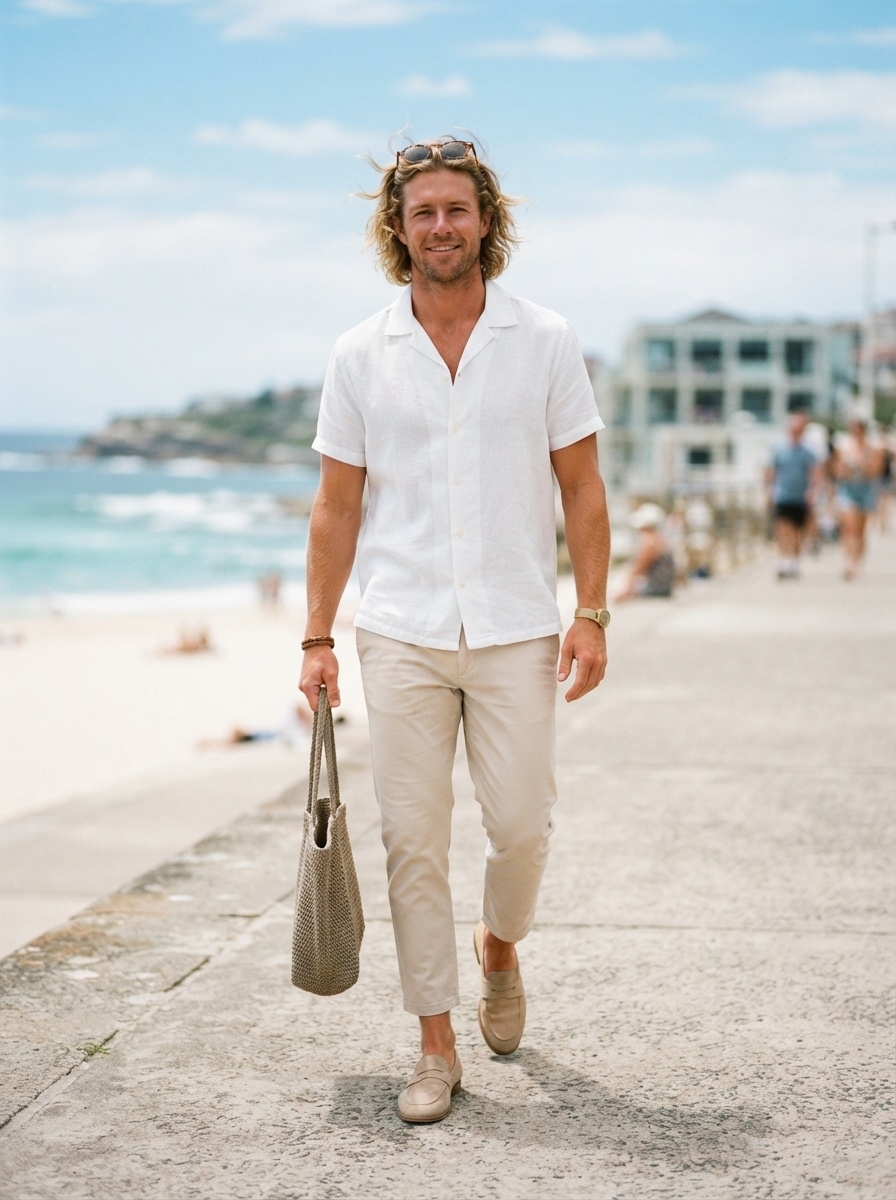SKIPIKS AI 패션 화보 — minimalist, casual, beachwear — 베이지색과 흰색의 조화로 시원한 여름 해변 분위기를 자아내는 룩입니다. 흰색 셔츠는 가벼운 소재로, 베이지색 바지와 로퍼의 함께 매치로 편안하고