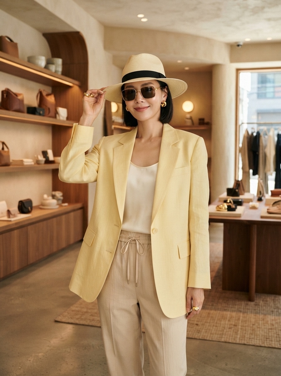 SKIPIKS AI 패션 화보 — chic, modern, sophisticated — 따스한 옐로우 블레이저와 패도라 모자가 조화롭게 어우러진 스타일을 연출해보세요. 부드러운 베이지 팬츠와 화이트 탑으로 깔끔함을 더하며, 골드 이