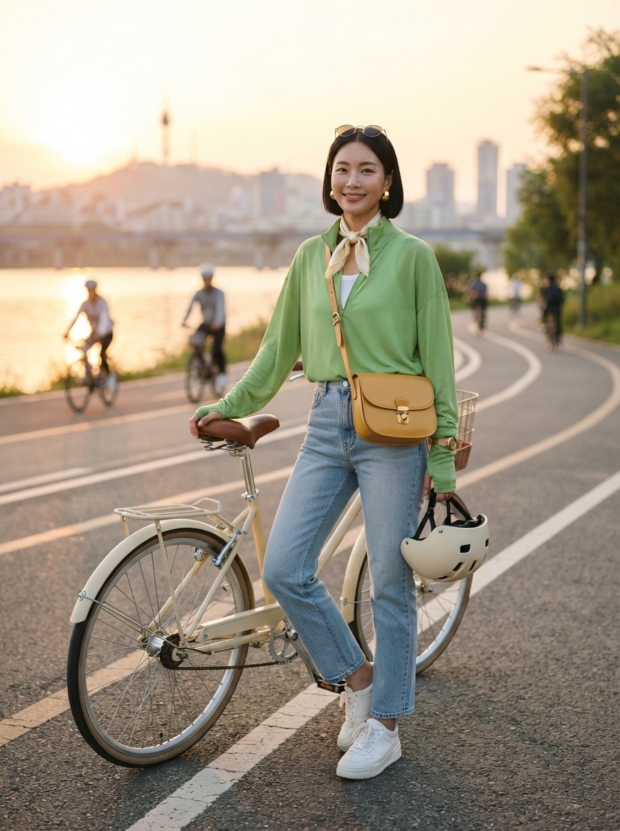 SKIPIKS AI 패션 화보 — casual, chic — 상쾌한 녹색 셔츠와 베이지 스카프가 봄의 활기를 더해주는 룩입니다. 여기에 청바지를 매치하여 경쾌하면서도 세련된 스타일을 완성했어요. 자전거 타