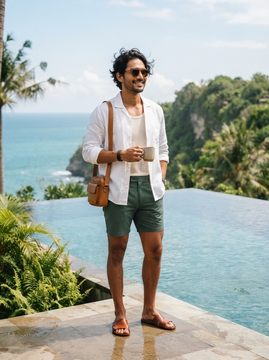 SKIPIKS AI 패션 화보 — resortwear, casual — 화이트 셔츠와 카키 반바지의 조합이 자연스러우면서도 세련된 분위기를 연출해요. 브라운 크로스백과 슬리퍼로 스타일링하면 휴양지 느낌이 더욱 강조됩