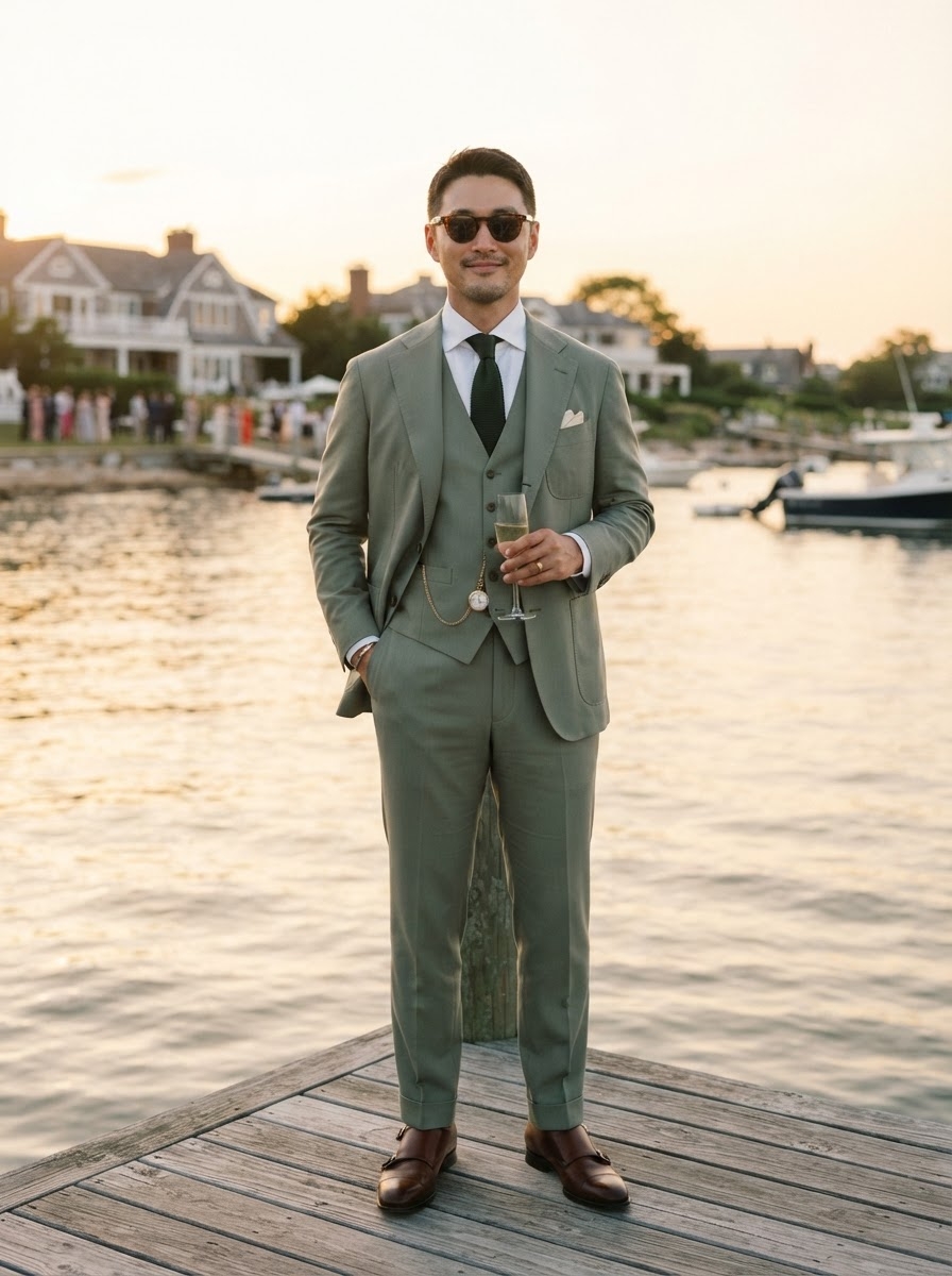 SKIPIKS AI 패션 화보 — dapper, formal, classic — 카키색의 수트가 차분하면서도 세련된 분위기를 만들어줍니다. 화이트 셔츠와 네이비 타이의 조합으로 클래식하고 깔끔한 무드가 완성됩니다. 결혼식이나
