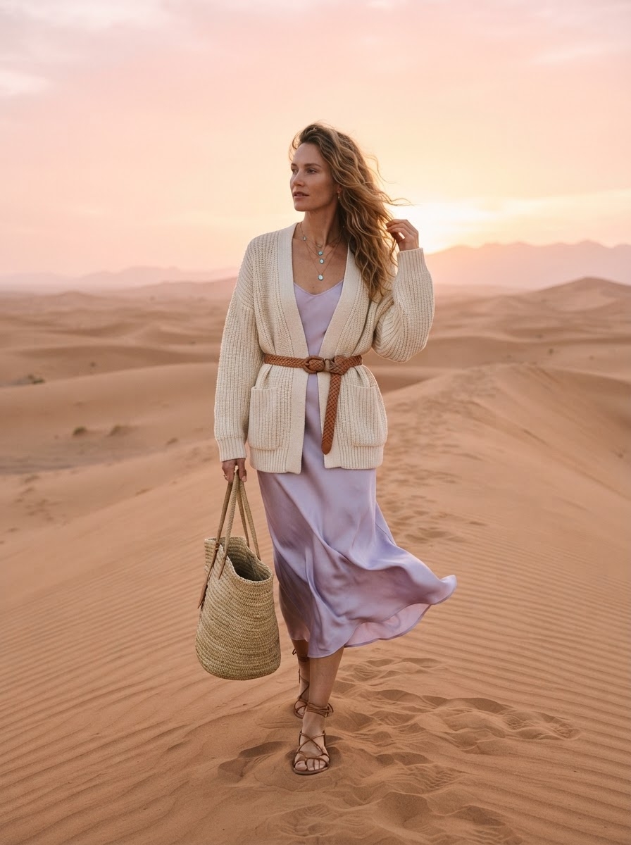 SKIPIKS AI 패션 화보 — bohemian, casual, feminine — 사막의 석양을 배경으로 한 이 룩은 여성스러운 실루엣과 보헤미안 무드가 조화를 이루고 있습니다. 라벤더 드레스를 기본으로 크림색 니트 가디건과 