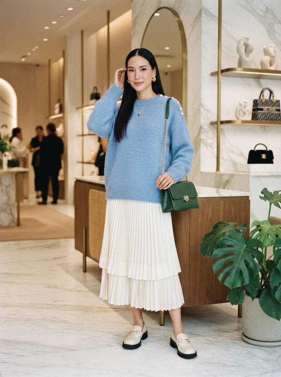 SKIPIKS AI 패션 화보 — feminine, chic — 하늘색 니트와 화이트 플리츠 스커트의 소녀스러운 무드가 돋보이는 룩입니다. 초록색 숄더백으로 포인트를 주어 세련미를 더해보세요. 데일리룩이나 데