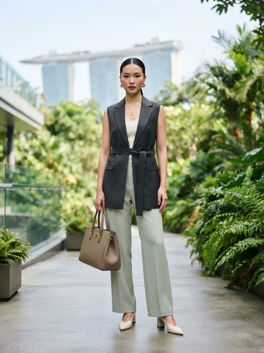 SKIPIKS AI 패션 화보 — modern, chic, sophisticated — 다크 그레이 민소매 재킷과 라이트 그린 바지가 조화롭게 어우러진 세련된 오피스 룩입니다. 심플한 화이트 탑과 골드 악세사리로 포인트를 주어, 전