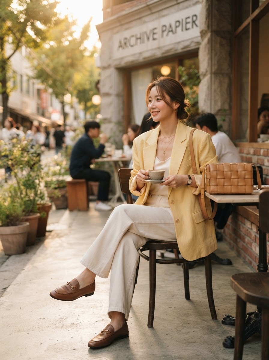 SKIPIKS AI 패션 화보 — modern, chic, elegant — 옐로우 블레이저와 크림 팬츠의 조화가 부드러운 감성을 연출해주는 스타일입니다. 베이식한 디자인의 액세서리와 브라운 로퍼를 매치하여 전체적으로 모