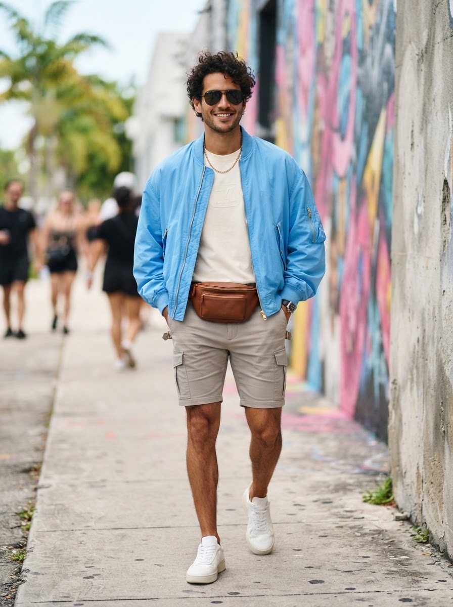 SKIPIKS AI 패션 화보 — casual, streetwear, summer — 하늘색 봄버 재킷과 크림 티셔츠의 조합이 활기차고 상쾌한 느낌을 줍니다. 브라운 힙색과 카고 반바지로 실용성과 스타일을 동시에 잡아보세요. 데일