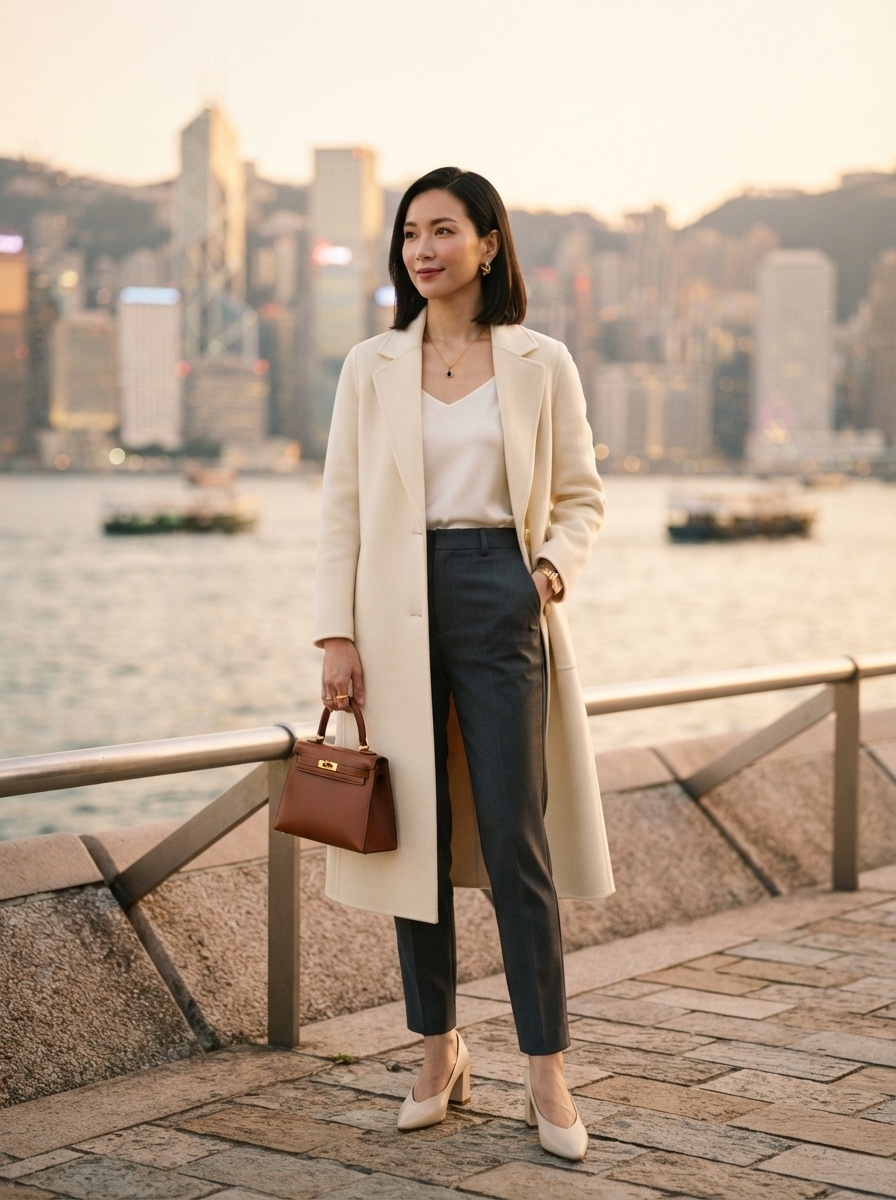 SKIPIKS AI 패션 화보 — elegant, chic — 클래식한 실루엣의 코트와 팬츠 조합이 세련된 분위기를 자아내요. 아이보리 톤 블라우스와 펌프스로 우아함을 더해보세요. 가을철 오피스나 격식을 차