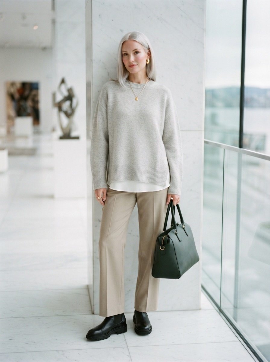 SKIPIKS AI 패션 화보 — minimalist, chic — 편안하면서도 세련된 무드가 돋보이는 룩입니다. 그레이 니트와 베이지 슬랙스의 조화가 우아한 분위기를 연출해요. 겨울철 일상에서 가볍게 착용하기 