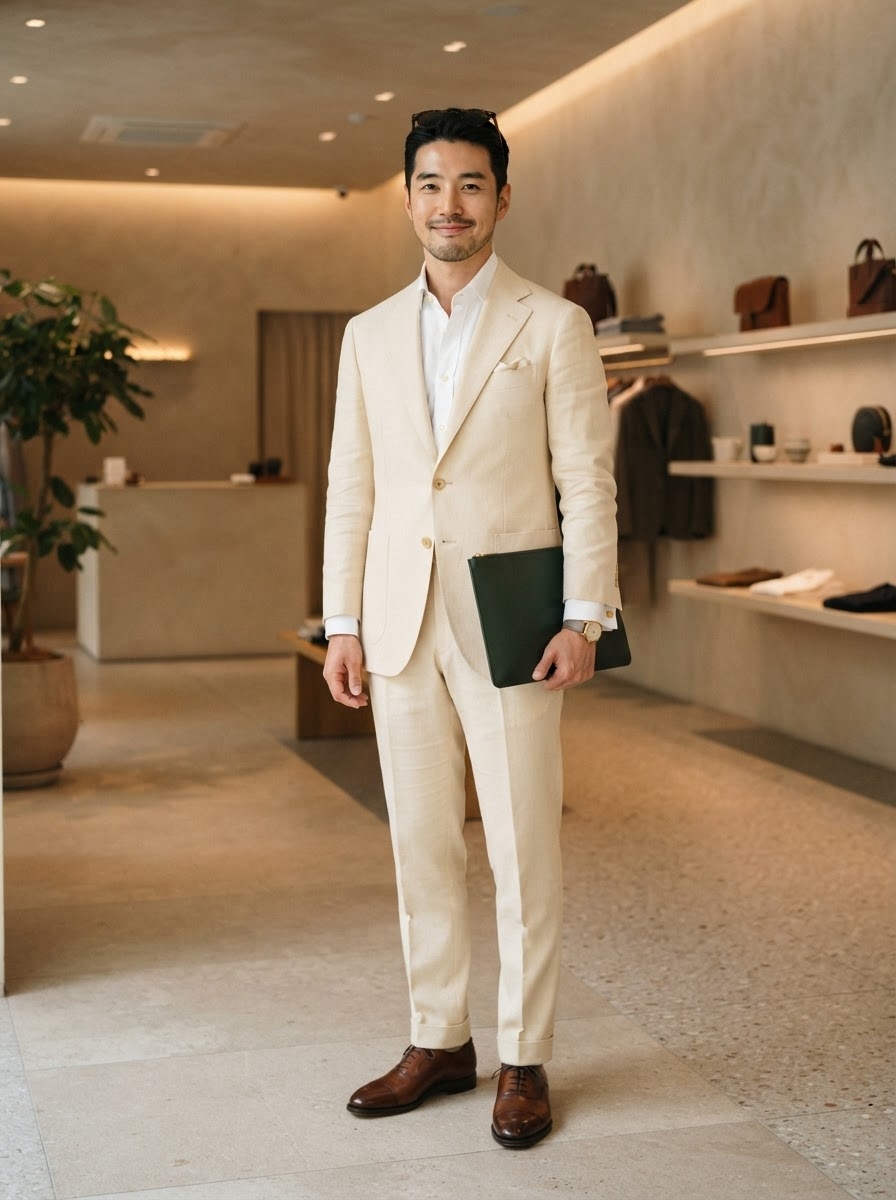 SKIPIKS AI 패션 화보 — classic, formal, sophisticated — 베이지 컬러의 수트가 주는 우아함과 여유로움이 돋보이는 룩이에요. 화이트 셔츠와 매치하여 최상의 포멀함을 살렸습니다. 녹색 클러치백으로 포인트를