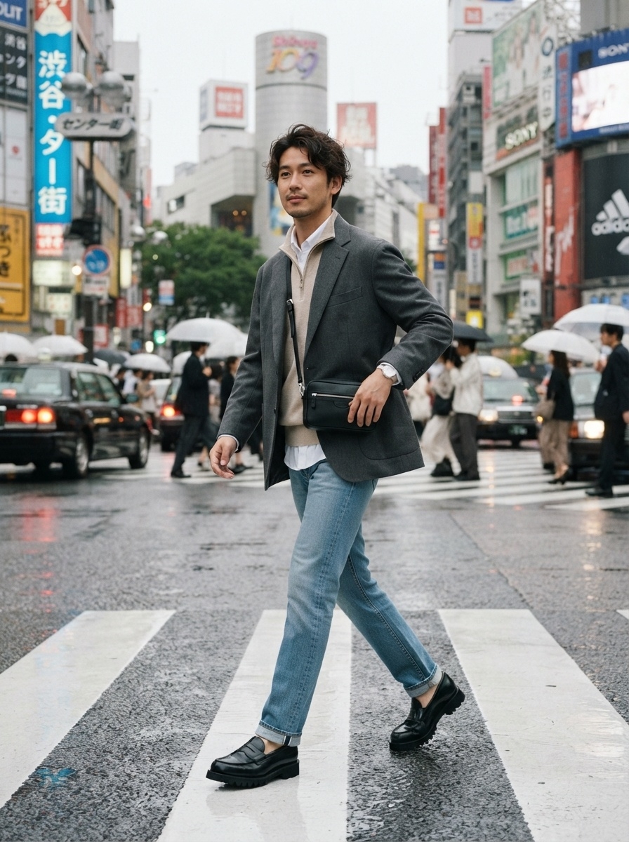 SKIPIKS AI 패션 화보 — smart_casual, urban, contemporary — 도시적이고 세련된 무드의 룩으로, 회색 블레이저와 베이지 스웨터의 조화가 멋스럽습니다. 청바지와 로퍼를 매치하여 캐주얼하면서도 고급스러운 스타일