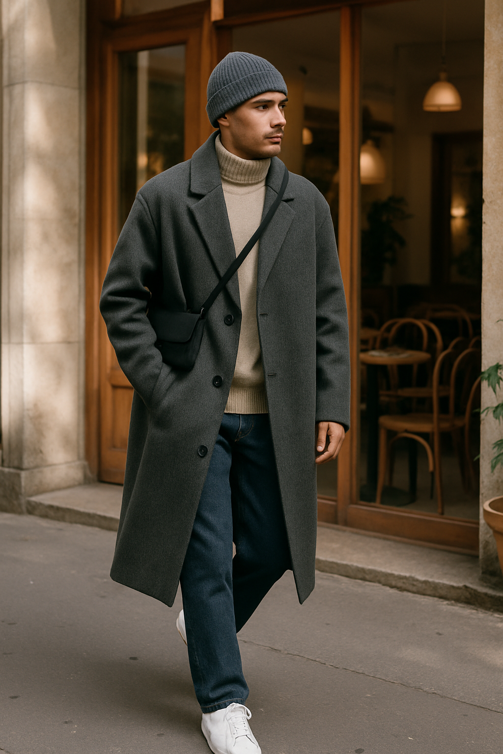 SKIPIKS AI 패션 화보 — minimalist, urban, casual — 세련된 회색 코트와 베이지 터틀넥 울 스웨터의 조합이 우아한 무드를 자아냅니다. 청바지와 흰색 스니커즈로 캐주얼하면서도 스타일리시한 코디를 완성