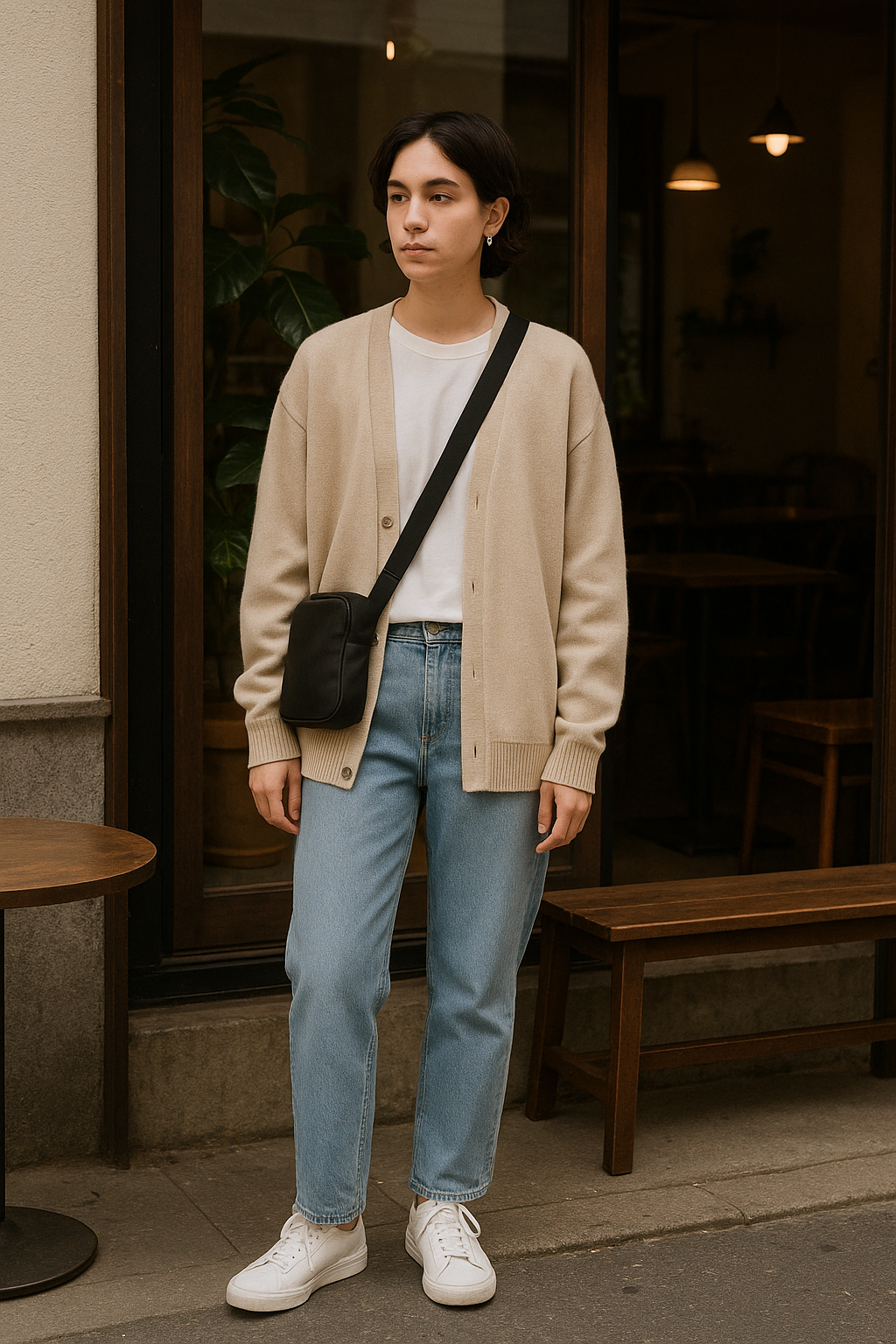 SKIPIKS AI 패션 화보 — minimalist, casual — 부드러운 베이지 가디건과 연청바지의 조화가 돋보이는 캐주얼 룩입니다. 화이트 티셔츠와 운동화로 편안하면서도 깔끔한 무드를 더해보세요. 봄날 일상