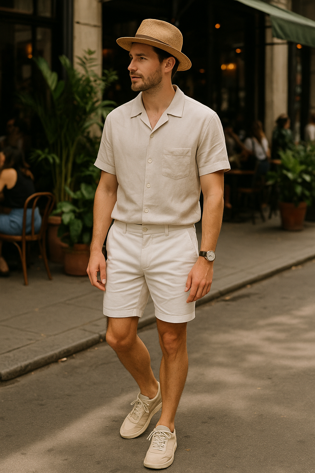 SKIPIKS AI 패션 화보 — minimalist, casual — 밝은 베이지와 화이트 톤의 조화가 돋보이는 세련된 여름 스타일이에요. 리넨 셔츠와 반바지를 매치해 편안하면서도 단정한 룩을 완성했어요. 스트로 