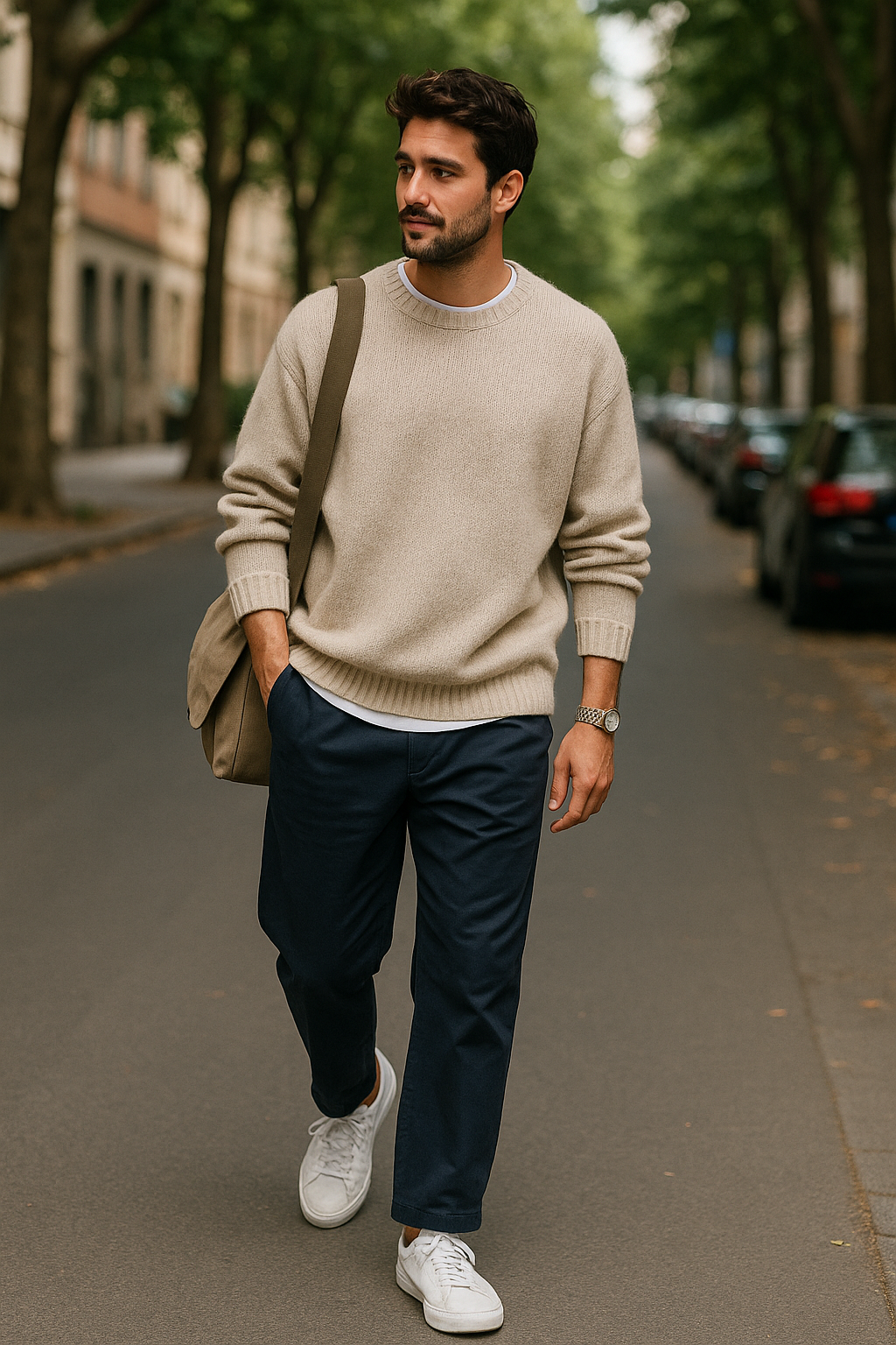 SKIPIKS AI 패션 화보 — casual, minimalist, urban — 베이지색 니트 스웨터와 네이비 팬츠의 차분한 조합이 돋보이는 도시적인 룩이에요. 카키색 숄더백으로 실용성을 더하고, 화이트 운동화로 깨끗한 이미