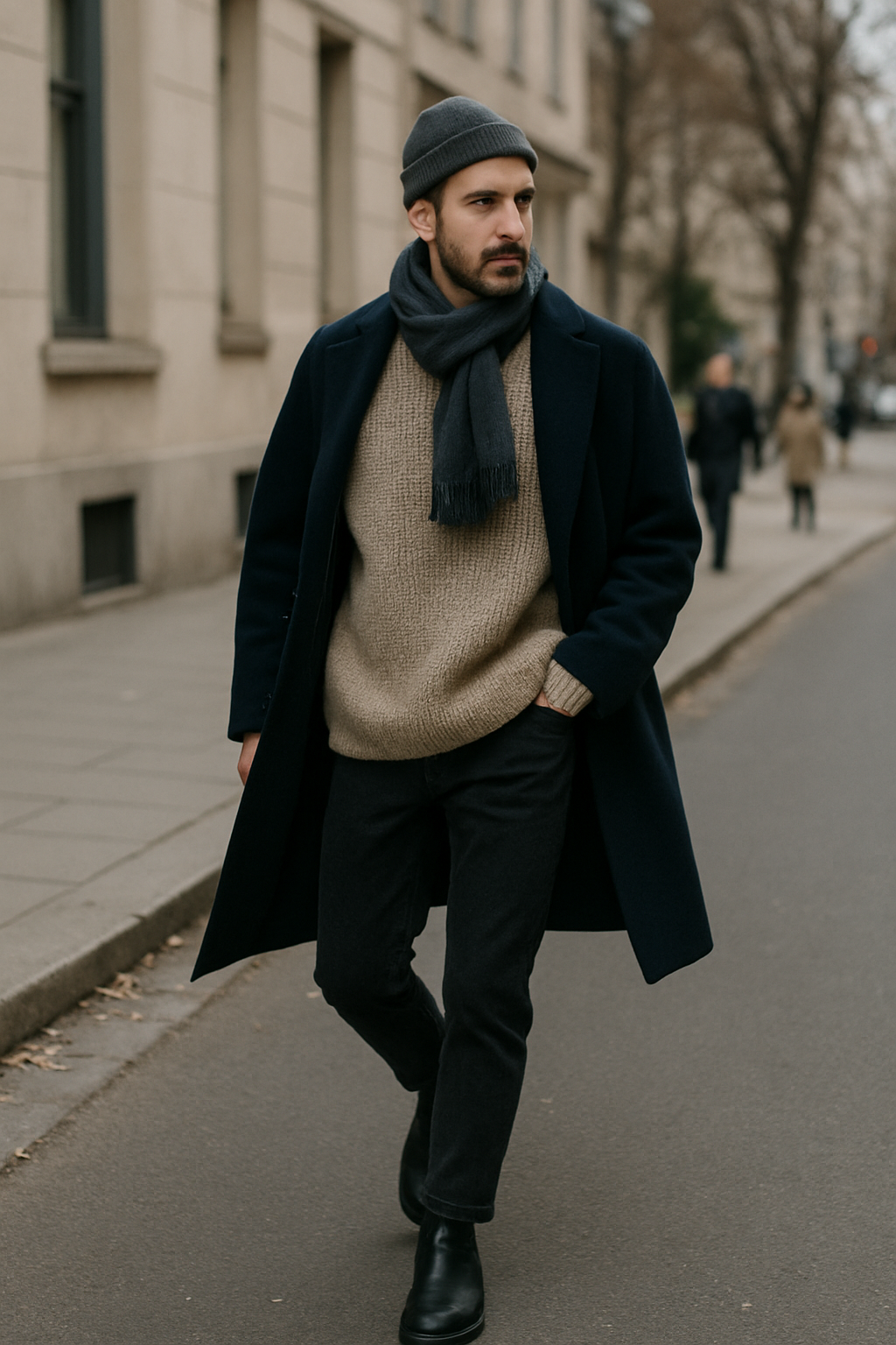 SKIPIKS AI 패션 화보 — casual, modern — 네이비 코트와 베이지 스웨터 조합이 따뜻하면서도 세련된 무드를 연출해 보세요. 머플러와 비니로 스타일링에 포인트를 주어 보온성을 높이고, 블랙 