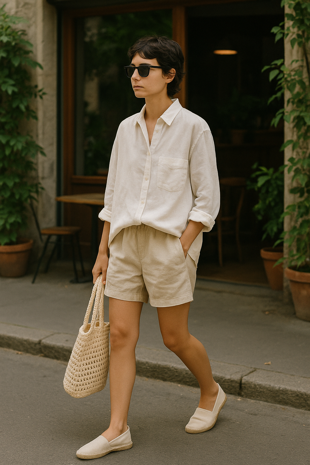 SKIPIKS AI 패션 화보 — minimalist, casual — 크림색 오버사이즈 셔츠와 베이지 쇼츠로 완성한 미니멀한 여름 룩이에요. 그물백과 에스파드류로 편안하면서도 센스 있는 스타일링을 추천해요. 주말 