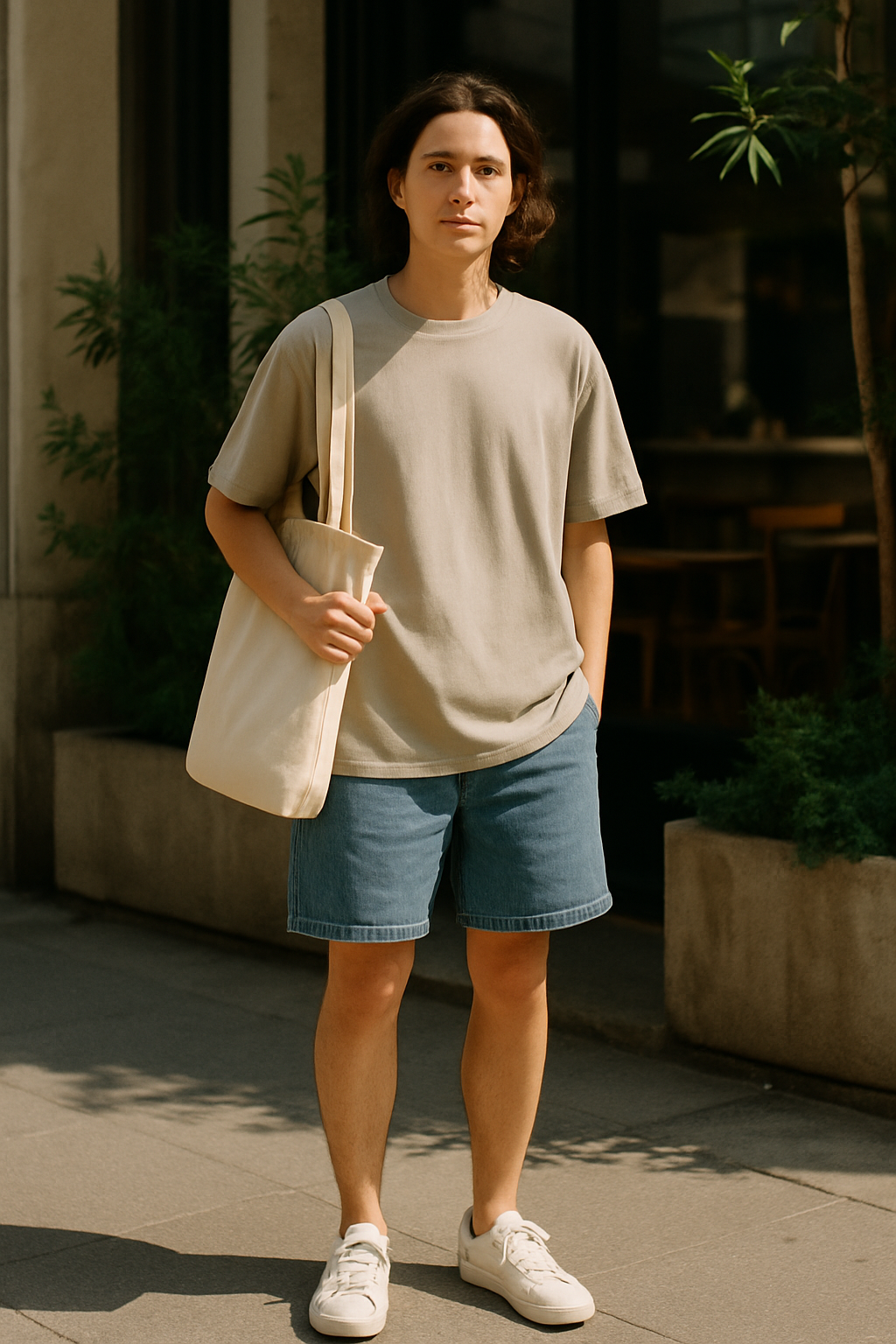 SKIPIKS AI 패션 화보 — minimalist, casual — 밝은 베이지 톤의 티셔츠와 청색 데님 반바지가 시원하고 청량한 느낌을 줍니다. 흰색 스니커즈와 깔끔한 캔버스 토트백을 매치해 미니멀하면서도 실용