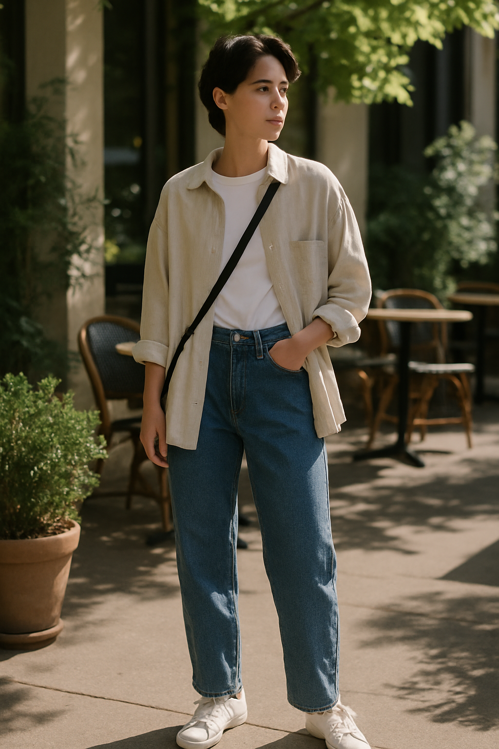 SKIPIKS AI 패션 화보 — casual, minimalist — 베이지 셔츠와 화이트 티셔츠의 조화로운 레이어링이 돋보이는 룩입니다. 데님 팬츠와 클래식한 화이트 스니커즈를 매치하여 편안한 캐주얼 무드를 완성