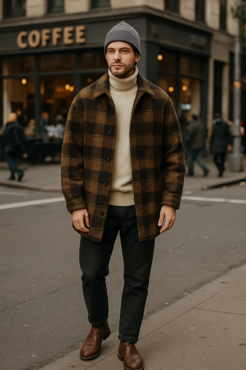 SKIPIKS AI 패션 화보 — casual, minimalist — 브라운 계열의 체크 코트가 따뜻한 가을 무드를 만들어 줍니다. 부드러운 크림 컬러 니트와 조합하여 부드럽고 캐주얼한 느낌을 살려보세요. 데일리로