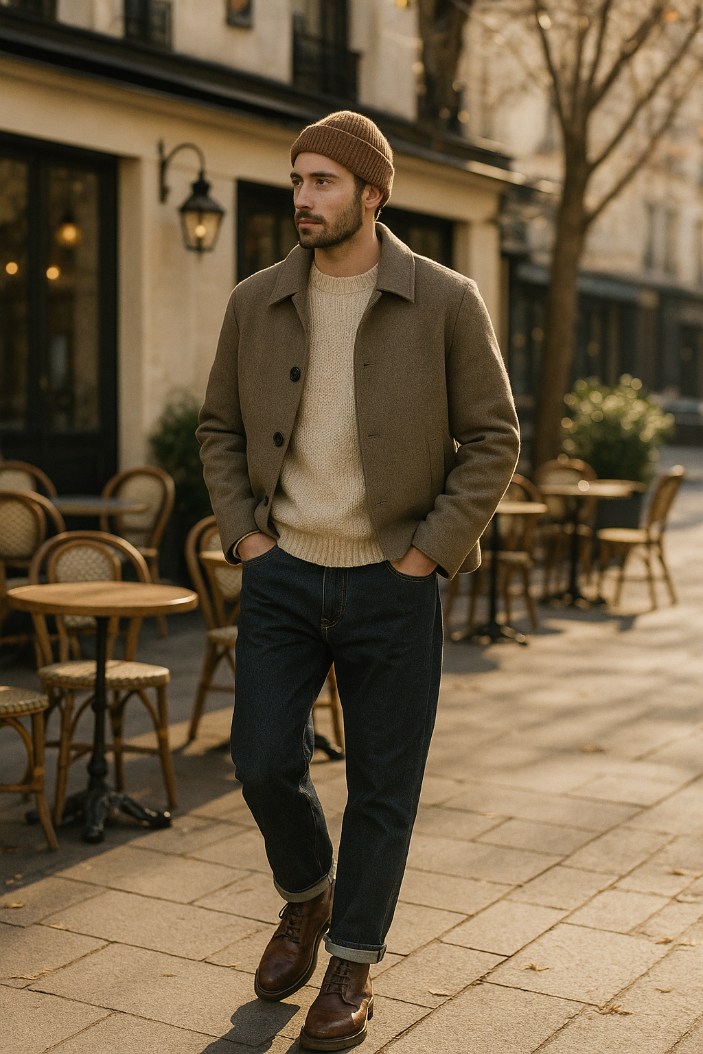 SKIPIKS AI 패션 화보 — casual, vintage — 따뜻한 브라운 톤이 중심이 된 이 룩은 여유로운 가을 오후의 무드를 완성합니다. 니트 스웨터와 청바지를 코트로 감싼 스타일은 따뜻하면서도 편안한