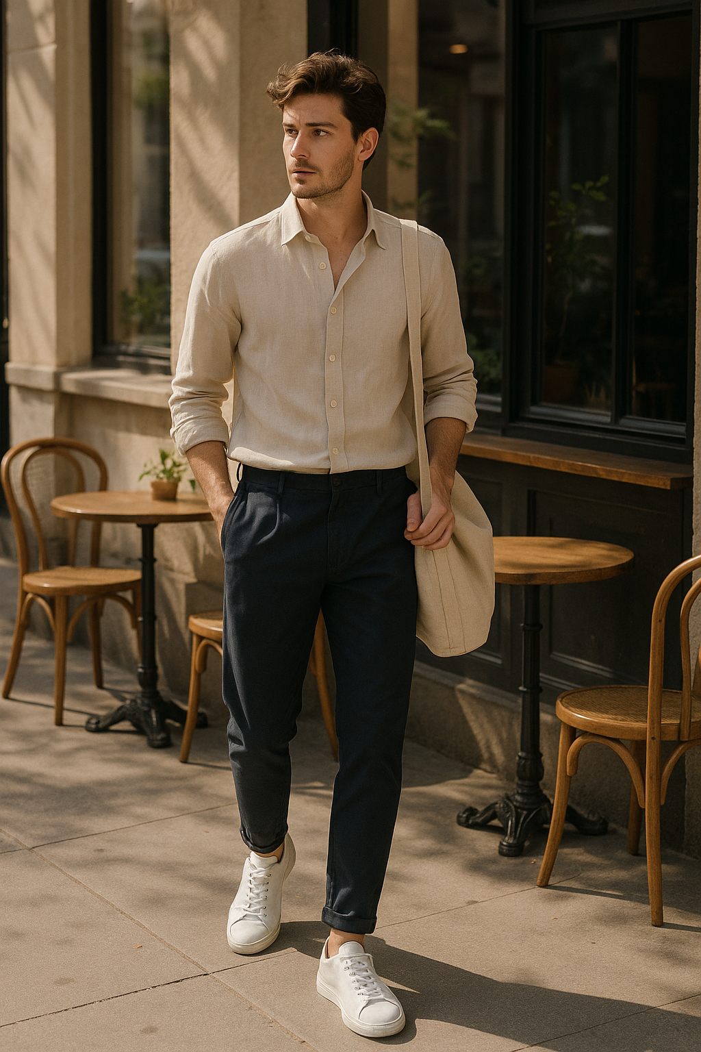 SKIPIKS AI 패션 화보 — minimalist, casual — 베이지 셔츠와 네이비 팬츠의 조합이 깔끔하면서도 세련된 무드를 연출합니다. 화이트 스니커즈로 캐주얼한 느낌을 더하고, 크림색 토트백으로 실용성을