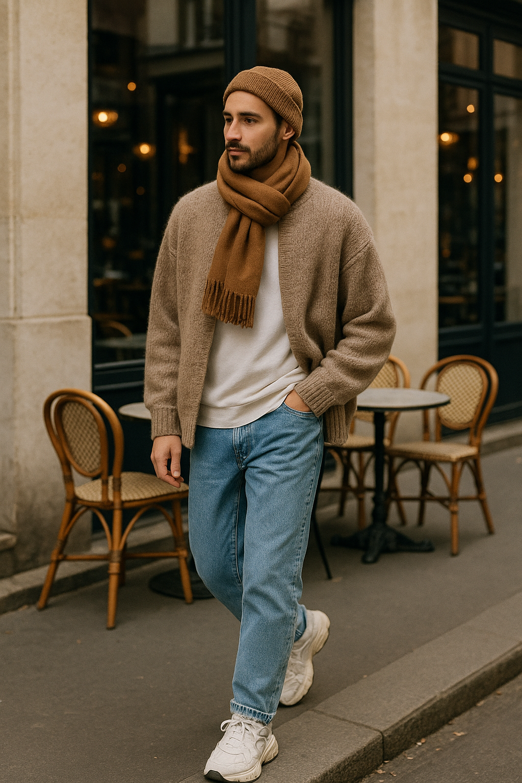 SKIPIKS AI 패션 화보 — casual, modern, urban — 따뜻한 베이지톤 카디건과 브라운 비니가 조화를 이루어 세련된 가을 느낌을 연출해보세요. 청바지와 운동화를 매치하여 편안하면서도 스타일리시한 분위