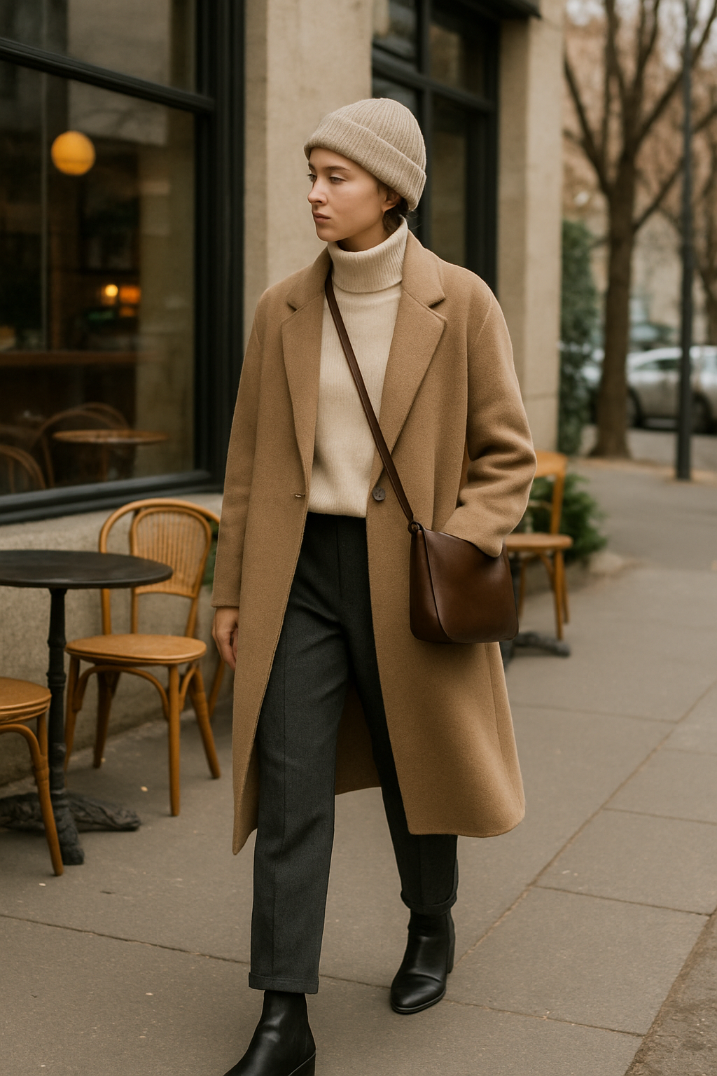 SKIPIKS AI时尚大片 — minimalist, chic — 通过感性的米色和炭灰色的搭配，营造温暖而优雅的氛围。建议将简约轮廓的针织衫与经典外套搭配，展现优雅的极简风格。这个风格非常适合日常穿着，搭配干净的靴子和棕色调的