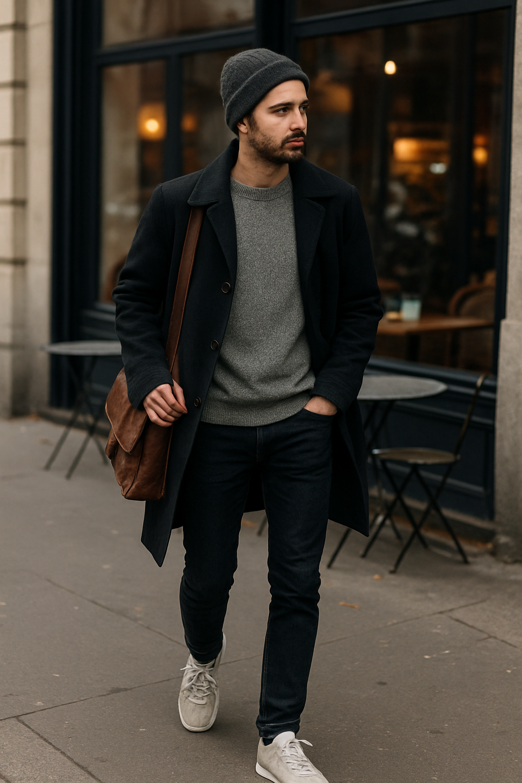 SKIPIKS AI时尚大片 — minimalist, casual, urban — 这款造型展现了优雅的黑色外套与灰色针织衫的城市气息。虽然休闲，但却是一个有品位的日常造型，搭配深蓝色牛仔裤和灰色运动鞋，增添舒适感。在寒冷的冬季，搭配一顶毛线帽