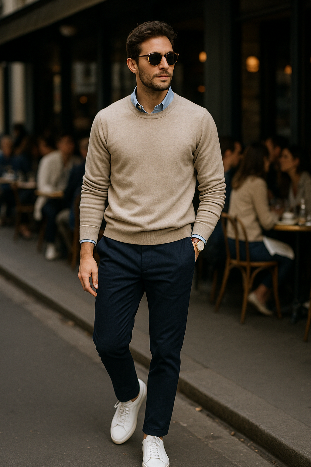 SKIPIKS AI fashion editorial — smartcasual, minimalist, chic — The combination of a beige sweater and a sky-blue shirt creates a clean, urban v