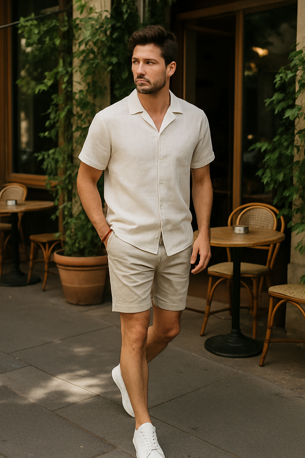 SKIPIKS AI fashion editorial — minimalist, casual — Complete a clean minimalism style with a beige shirt and shorts combination. Pai