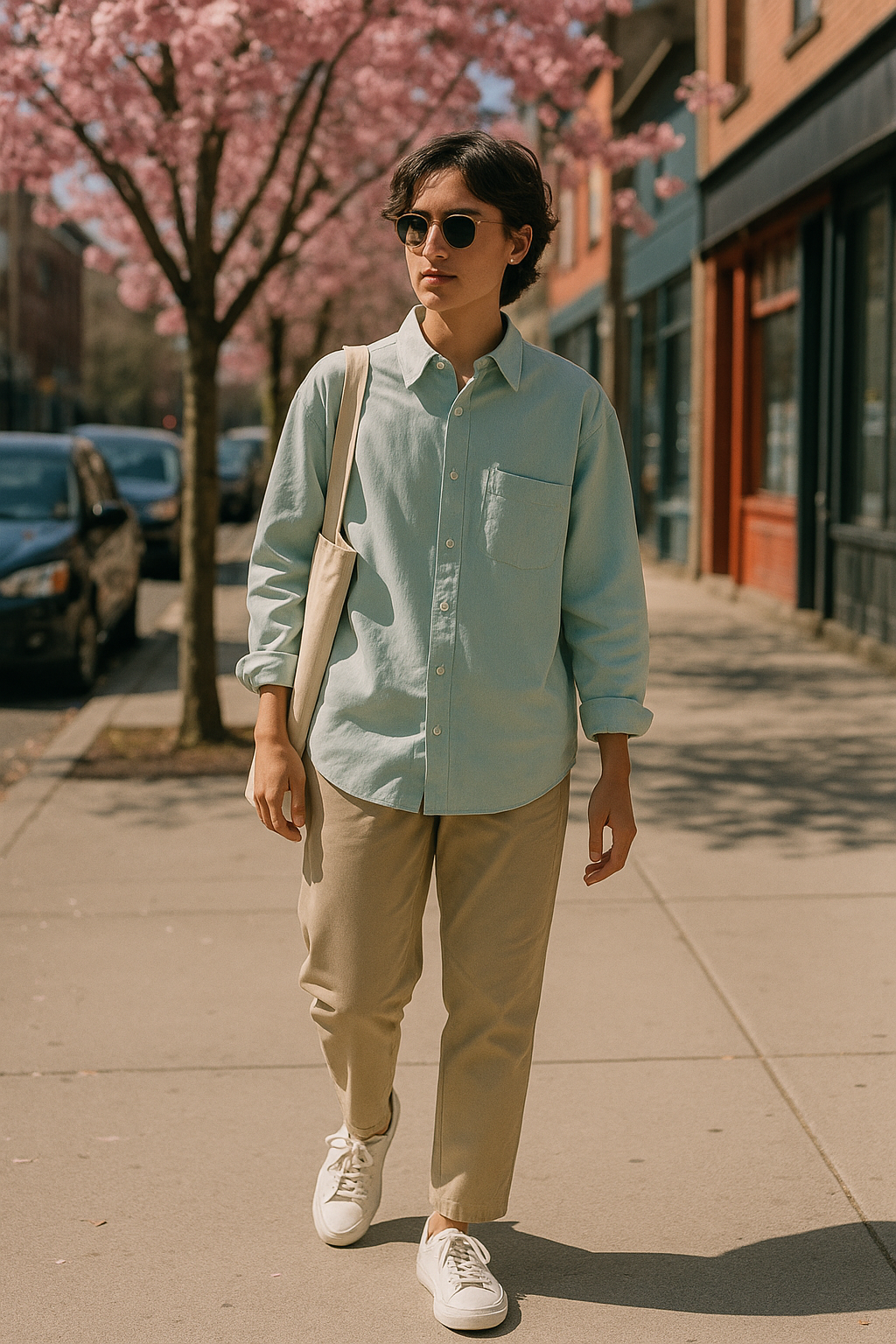 SKIPIKS AI fashion editorial — minimalist, casual — A mint-colored shirt paired with beige pants creates a harmonious look, perfect 
