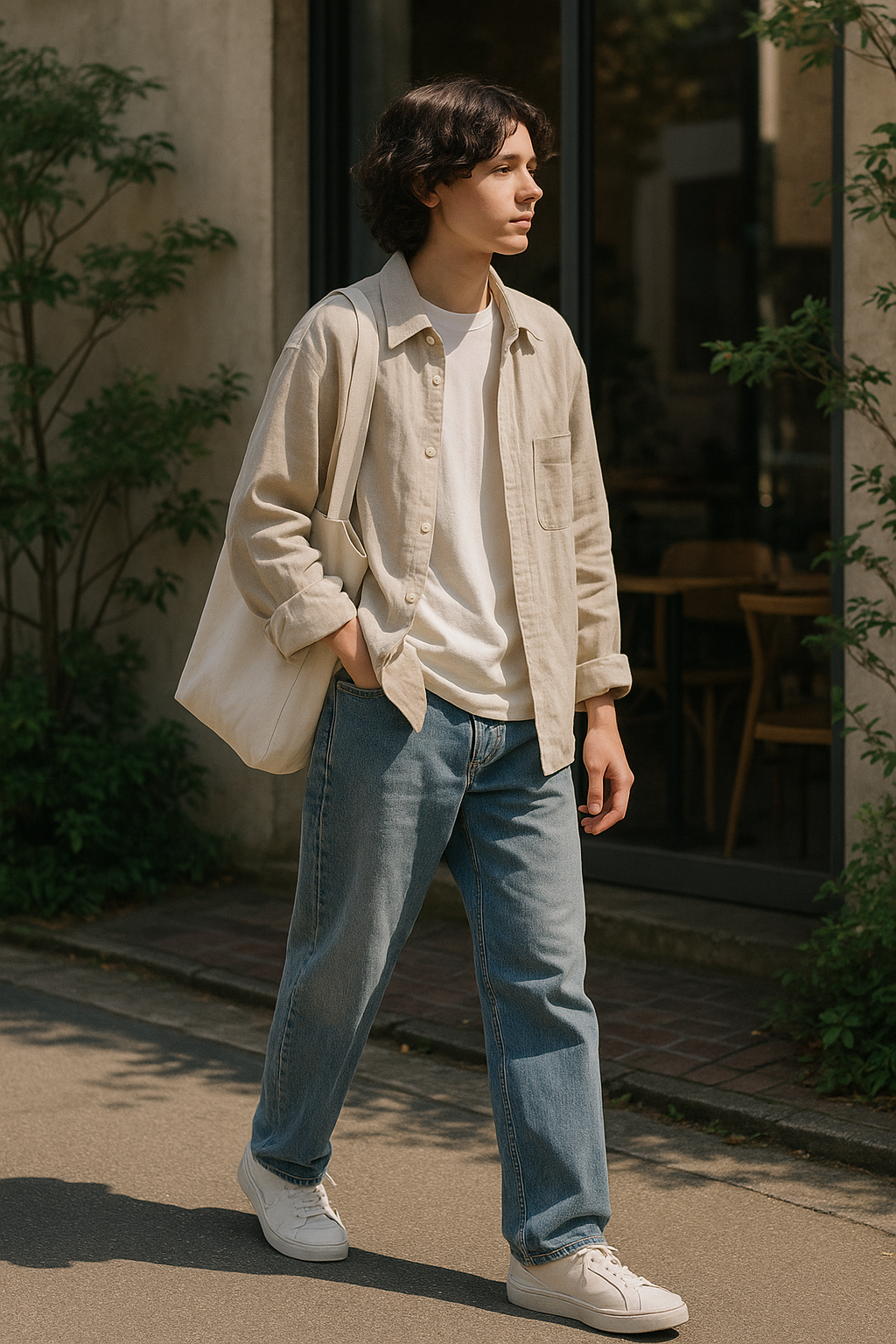 SKIPIKS AI fashion editorial — minimalist, casual — Create a relaxed vibe with a natural beige shirt and jeans combination. Add comf