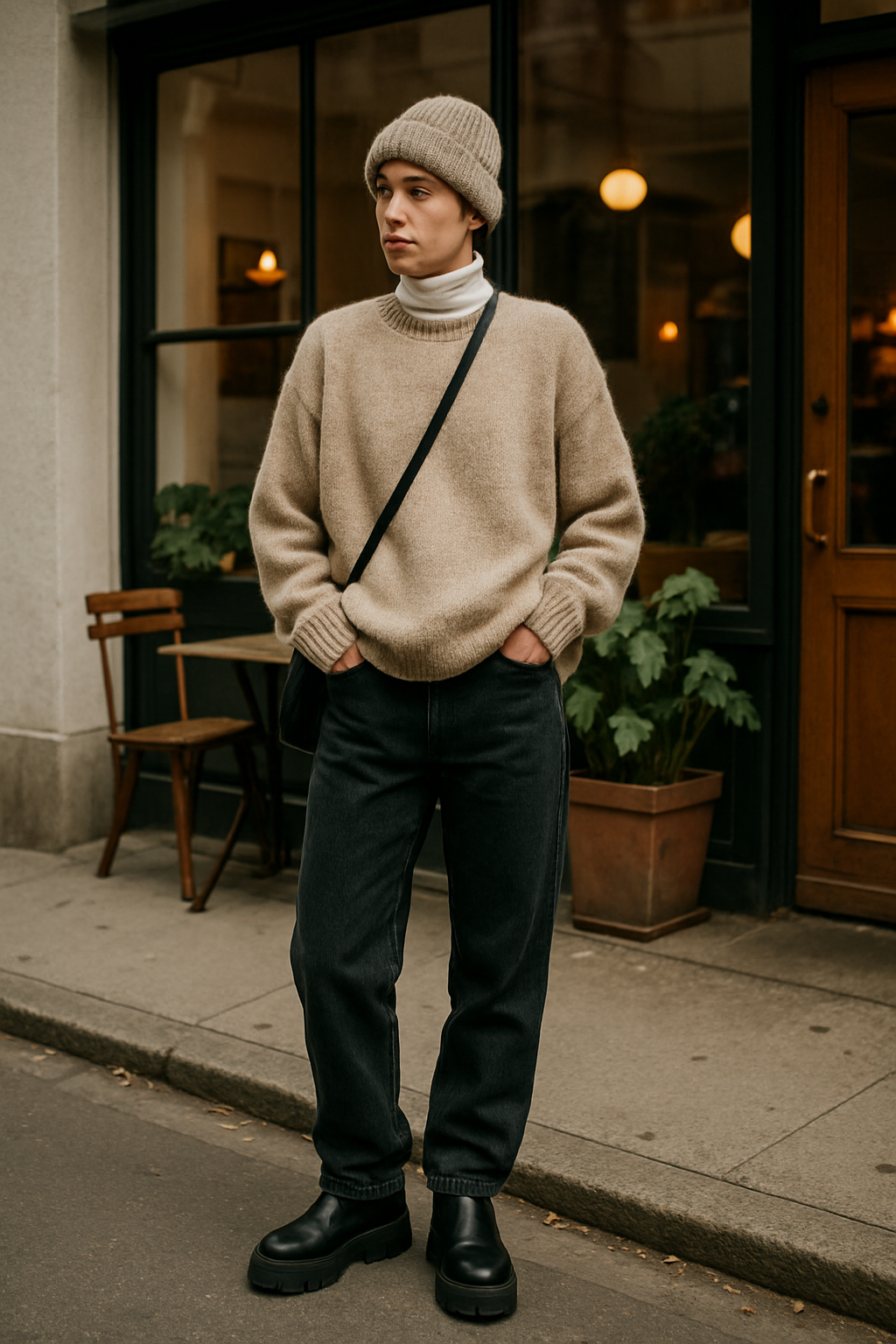 SKIPIKS AI fashion editorial — minimalist, streetwear — This look features a beige knit sweater and beanie, exuding warmth and calmness.