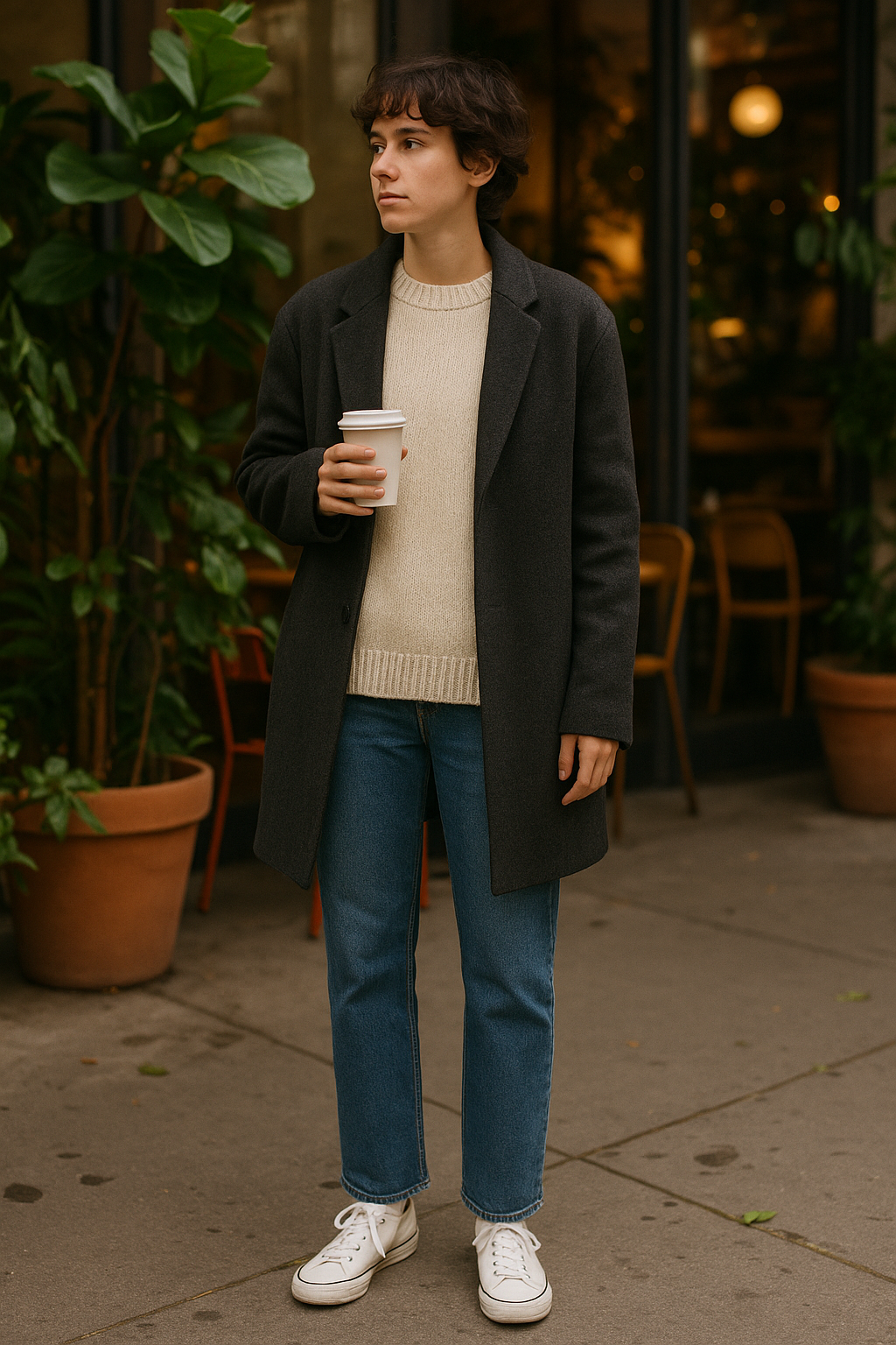 SKIPIKS AI 패션 화보 — minimalist, casual, streetwear — 베이직한 디자인의 회색 코트가 크림색 니트와 조화롭게 어우러져 편안한 매력을 발산합니다. 청바지로 캐주얼한 느낌을 더하고 흰색 스니커즈로 마무리