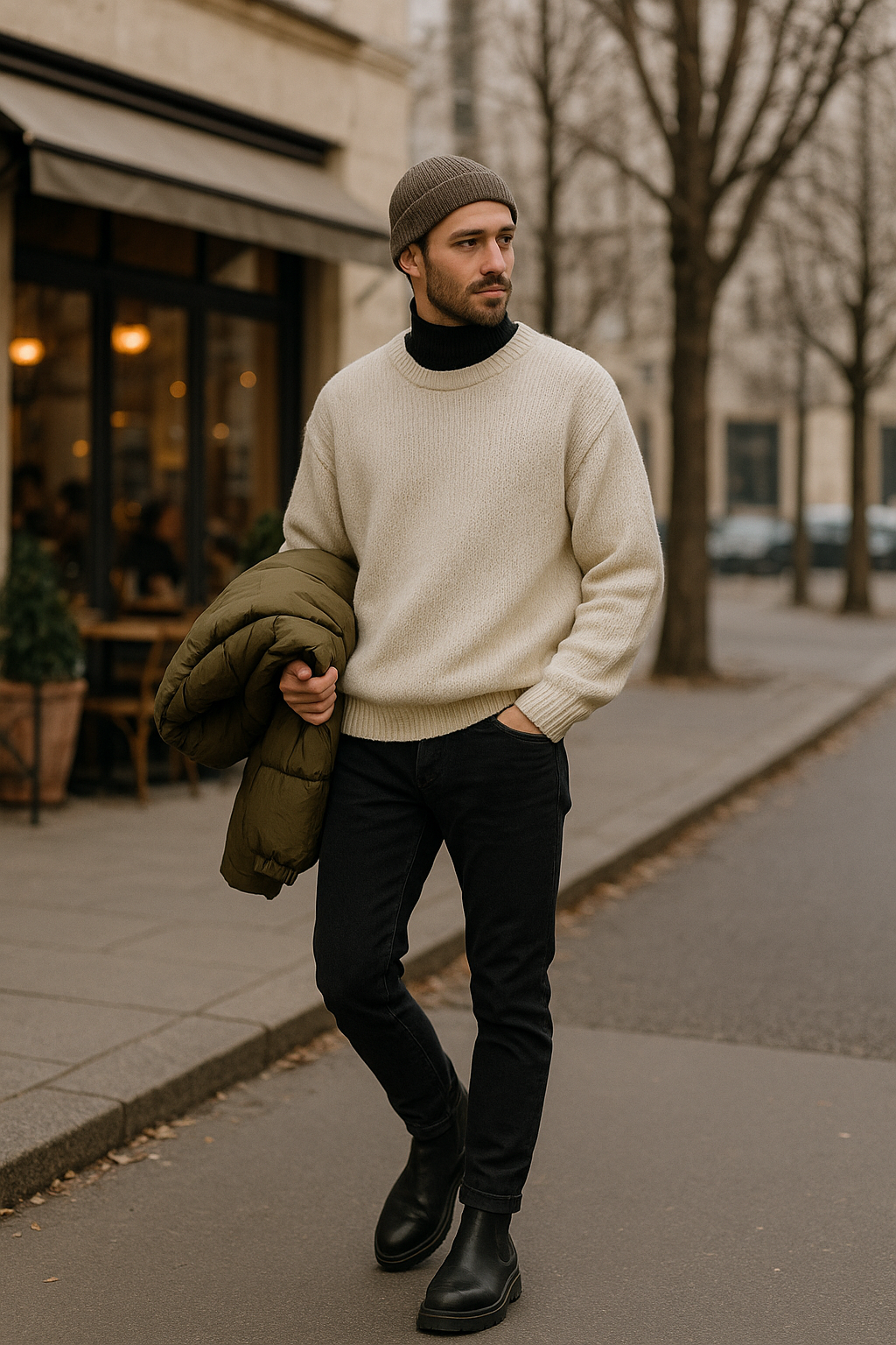 SKIPIKS AI 패션 화보 — casual, minimalist, streetwear — 부드러운 아이보리 스웨터와 검정 청바지의 조화가 세련된 가을 캐주얼룩을 완성합니다. 카키색 패딩과 브라운 비니를 더해 따뜻하면서도 스타일리시한 