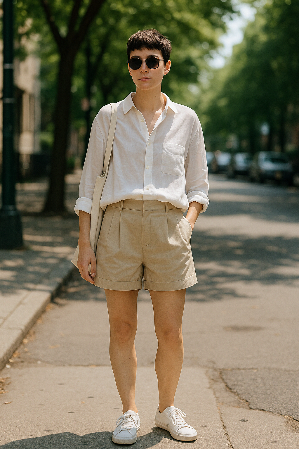 SKIPIKS AI 패션 화보 — minimalist, casual — 화이트 셔츠와 베이지 반바지가 시원하고 깔끔한 느낌을 주는 여름 코디입니다. 크림색 캔버스 백과 화이트 스니커즈를 매치해 더욱 편안한 데일리 룩
