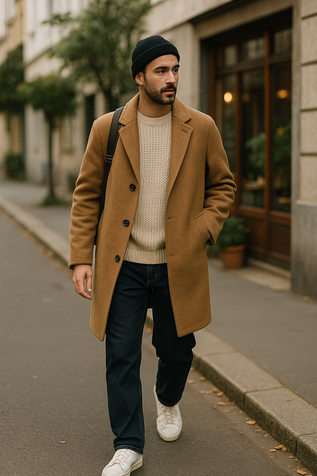 SKIPIKS AI 패션 화보 — casual, modern, classic — 카멜 컬러의 롱 코트로 클래식하면서도 조화로운 무드를 연출했어요. 니트 스웨터와 데님 팬츠의 조합으로 편안하면서도 스타일리시한 룩을 추천해요. 