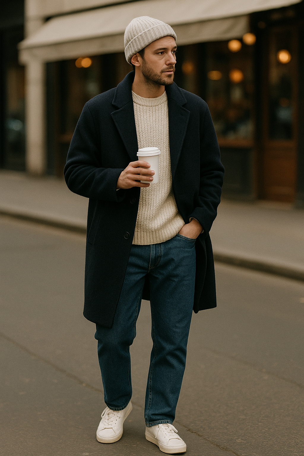 SKIPIKS AI 패션 화보 — casual, minimalist — 따뜻한 남색 코트와 부드러운 베이지 스웨터의 조화가 감각적인 겨울 느낌을 자아내고 있어요. 이 룩에는 캐주얼한 청바지나 스니커즈를 매치하면 일상