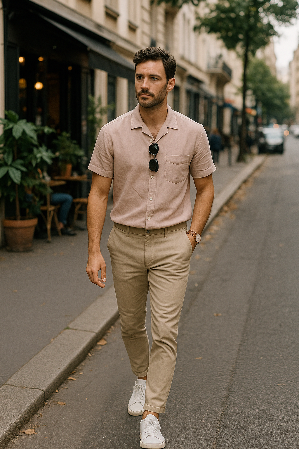 SKIPIKS AI 패션 화보 — casual, smart-casual — 연한 핑크 색상의 셔츠와 베이지 팬츠의 조합이 세련된 무드를 자아냅니다. 이 룩은 화이트 스니커즈와 함께 매치하면 더욱 깨끗한 느낌을 완성할 수