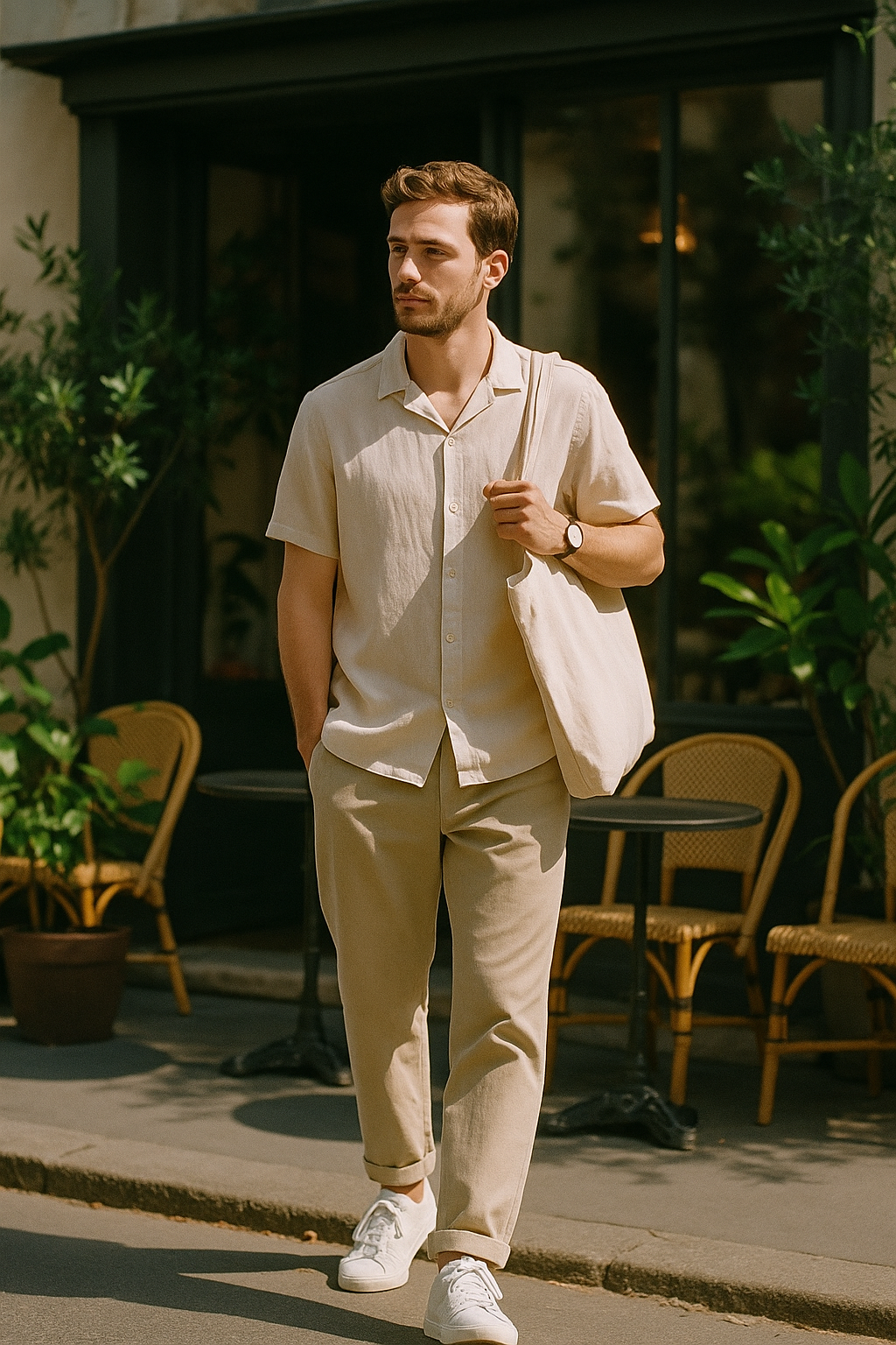 SKIPIKS AI 패션 화보 — minimalist, casual — 부드러운 베이지 톤의 셔츠와 팬츠로 이루어진 룩은 깔끔하면서도 고급스러운 분위기를 연출합니다. 크림색 에코백과 화이트 스니커즈를 매치하여 심플하