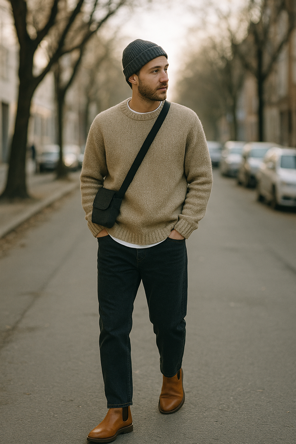 SKIPIKS AI 패션 화보 — casual, minimalist, streetwear — 따뜻한 베이지 컬러의 니트와 검정 청바지가 어우러진 감각적인 가을 룩을 연출해보세요. 클래식한 첼시 부츠와 심플한 크로스백을 함께 매치하면 일상