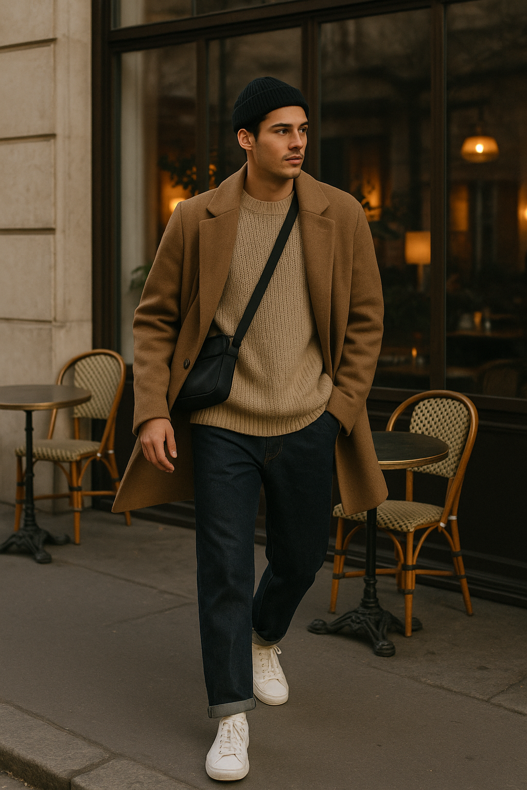 SKIPIKS AI 패션 화보 — minimalist, streetwear — 베이지 코트와 니트로 포근한 느낌을 연출한 캐주얼 룩입니다. 클래식한 청바지와 스니커즈로 편안한 무드를 완성하세요. 데일리 외출이나 도시 속에서