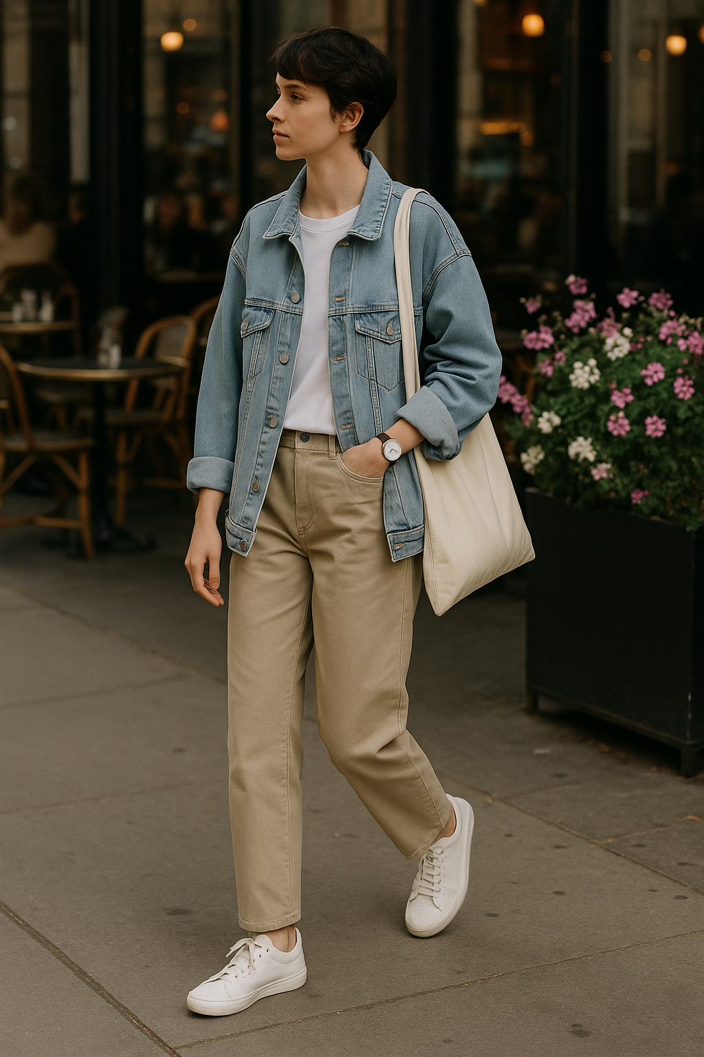 SKIPIKS AI 패션 화보 — casual, minimalist — 데님 자켓과 흰 티셔츠의 레이어링이 산뜻한 봄을 연상시키는 룩이에요. 베이지 팬츠와 흰색 스니커즈로 전체적으로 깔끔한 실루엣과 미니멀한 무드를 