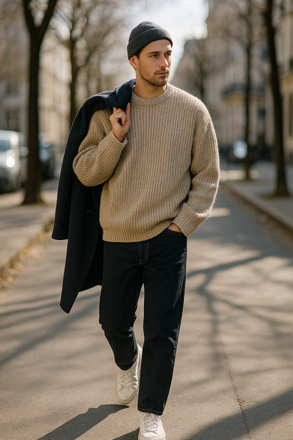 SKIPIKS AI 패션 화보 — casual, classic, minimalist — 차분한 베이지 니트 스웨터가 따뜻한 분위기를 자아내는 룩입니다. 청바지와 흰색 스니커즈로 깔끔하게 완성된 캐주얼 스타일을 추천해요. 가벼운 외출